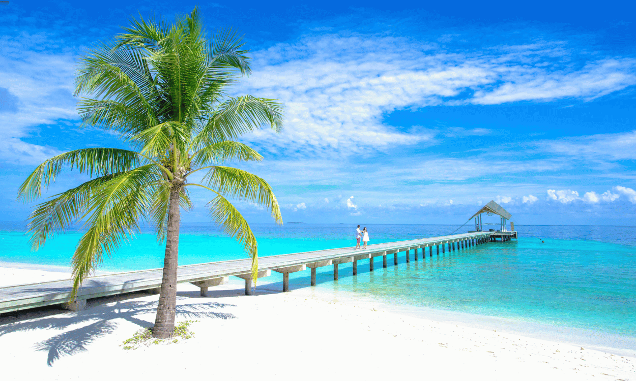 Traumstrand mit weißem Sand und türkisfarbenem Meer. Eine Palme und ein Holzsteg, auf dem ein Paar zu einer überdachten Anlegestelle läuft.